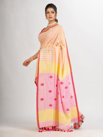 Women's Pink yollow Stipe Handwoven Cotton Jamdani handloom Saree