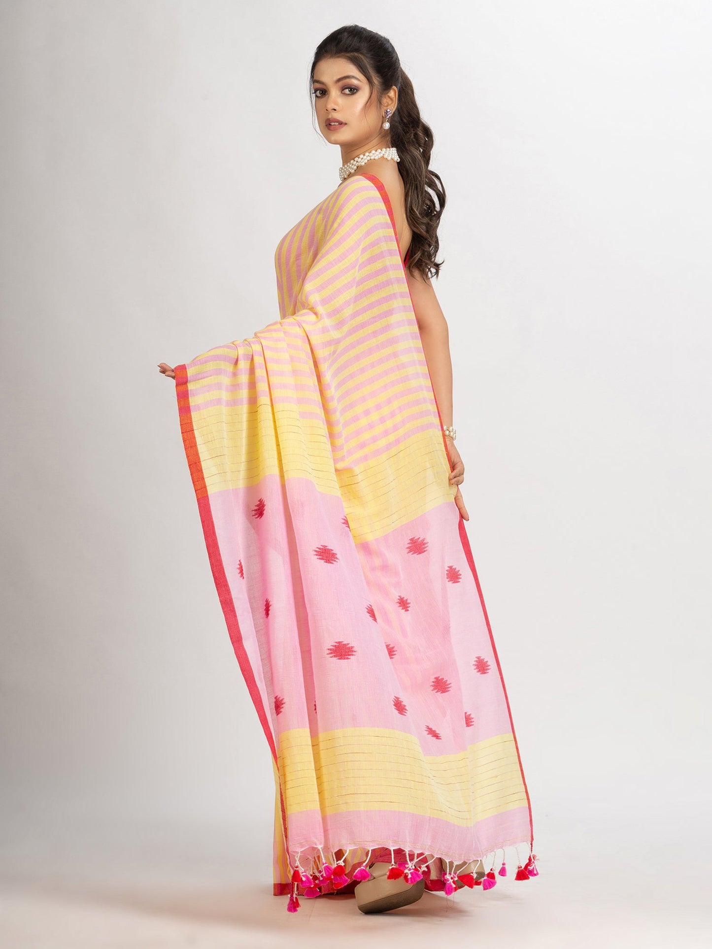 Women's Pink yollow Stipe Handwoven Cotton Jamdani handloom Saree