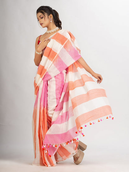 Women's White pink And Orange Stipe Cotton handloom Saree