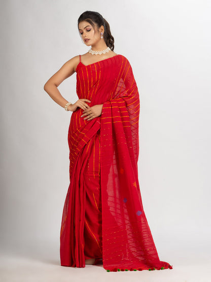 Women's Red Handwoven Cotton Jamdani handloom Saree
