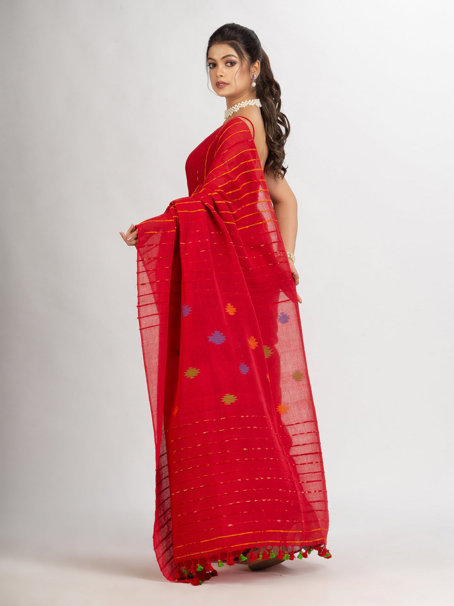 Women's Red Handwoven Cotton Jamdani handloom Saree