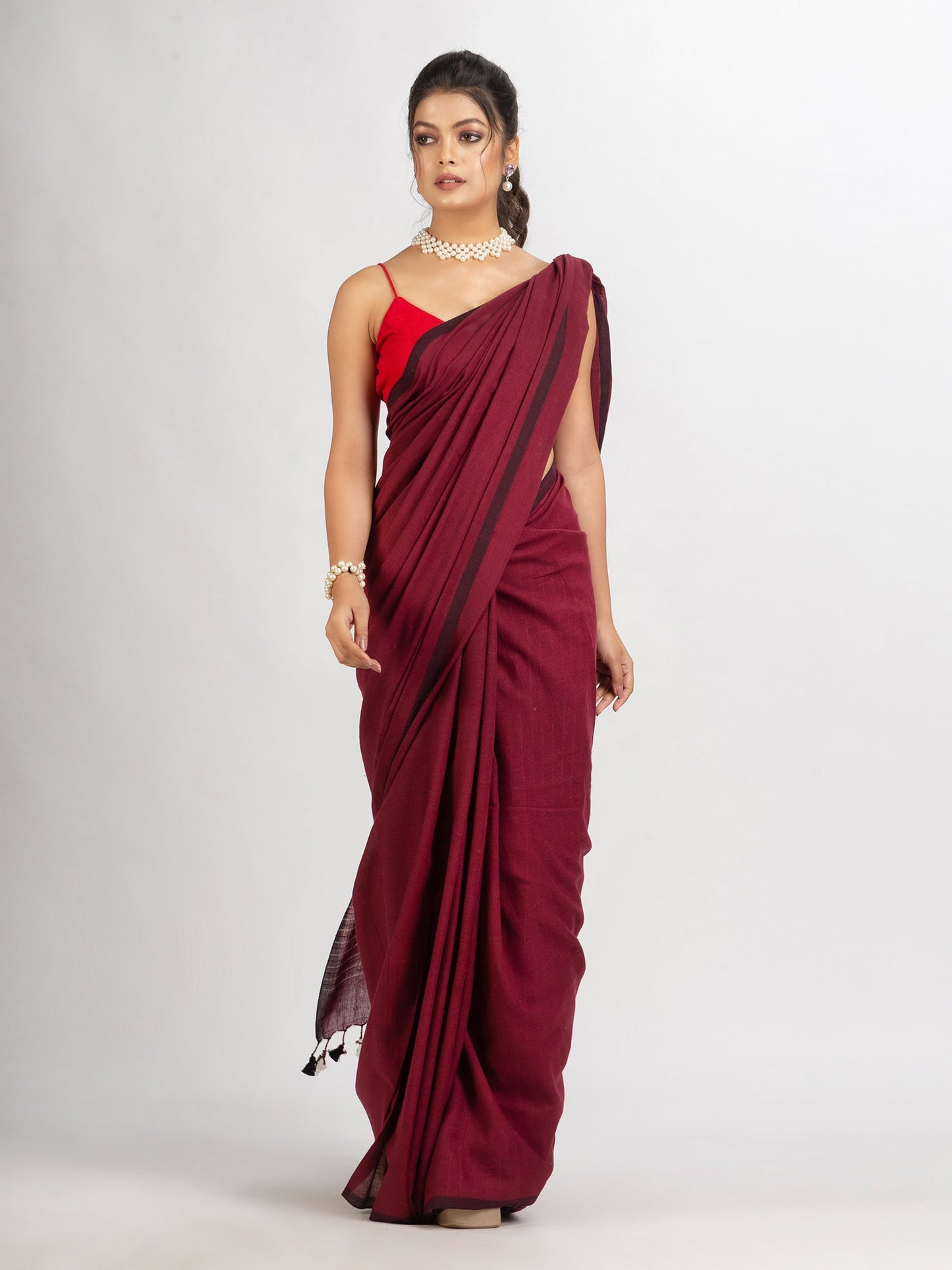 Women's Maroon Handwoven Cotton Stipe handloom Saree