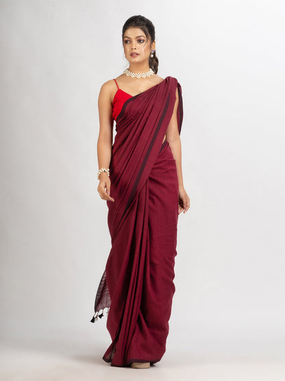 Women's Maroon Handwoven Cotton Stipe handloom Saree