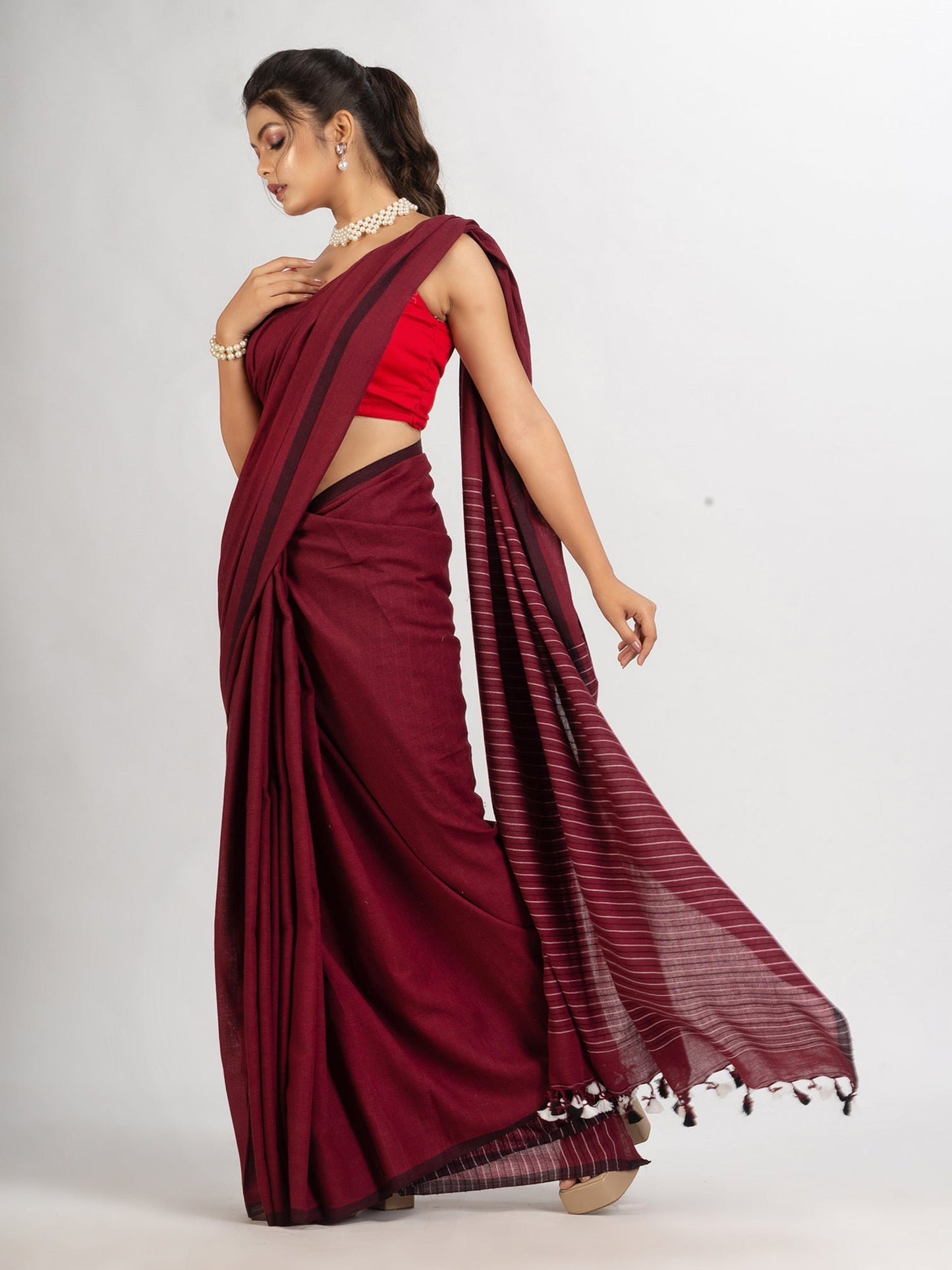 Women's Maroon Handwoven Cotton Stipe handloom Saree