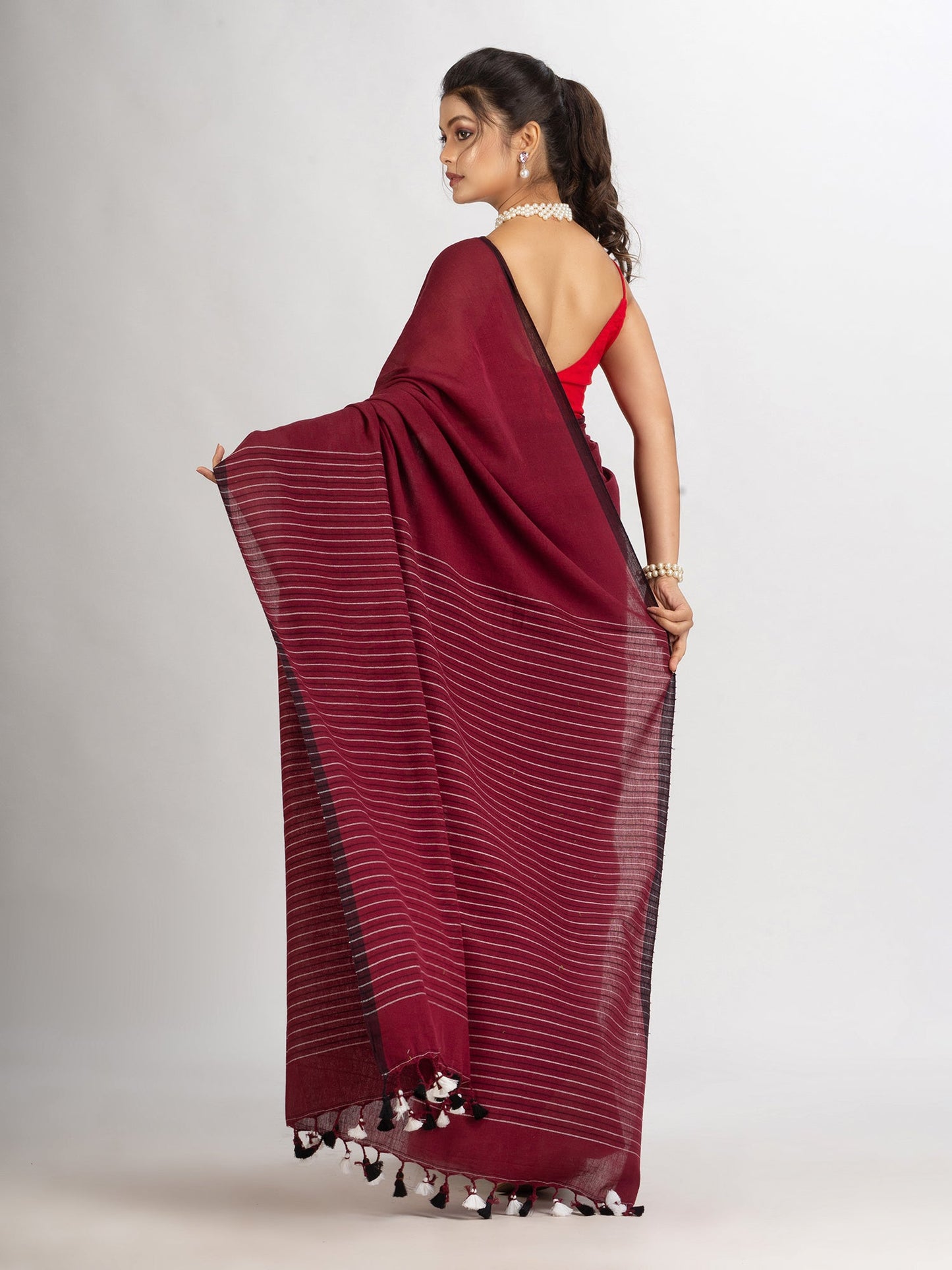 Women's Maroon Handwoven Cotton Stipe handloom Saree