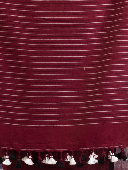 Women's Maroon Handwoven Cotton Stipe handloom Saree
