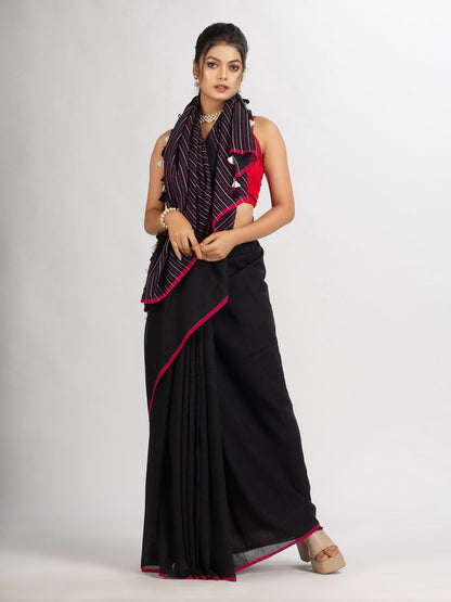 Women's Black Handwoven Cotton Stipe handloom Saree