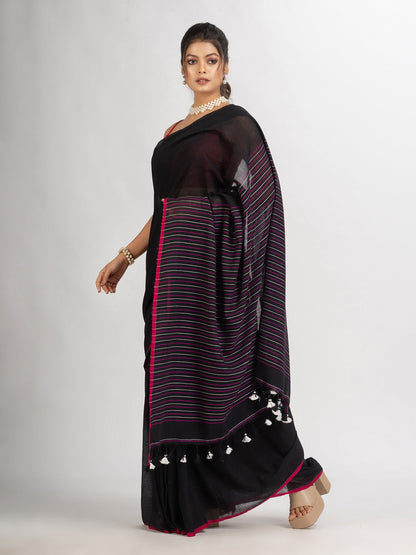 Women's Black Handwoven Cotton Stipe handloom Saree