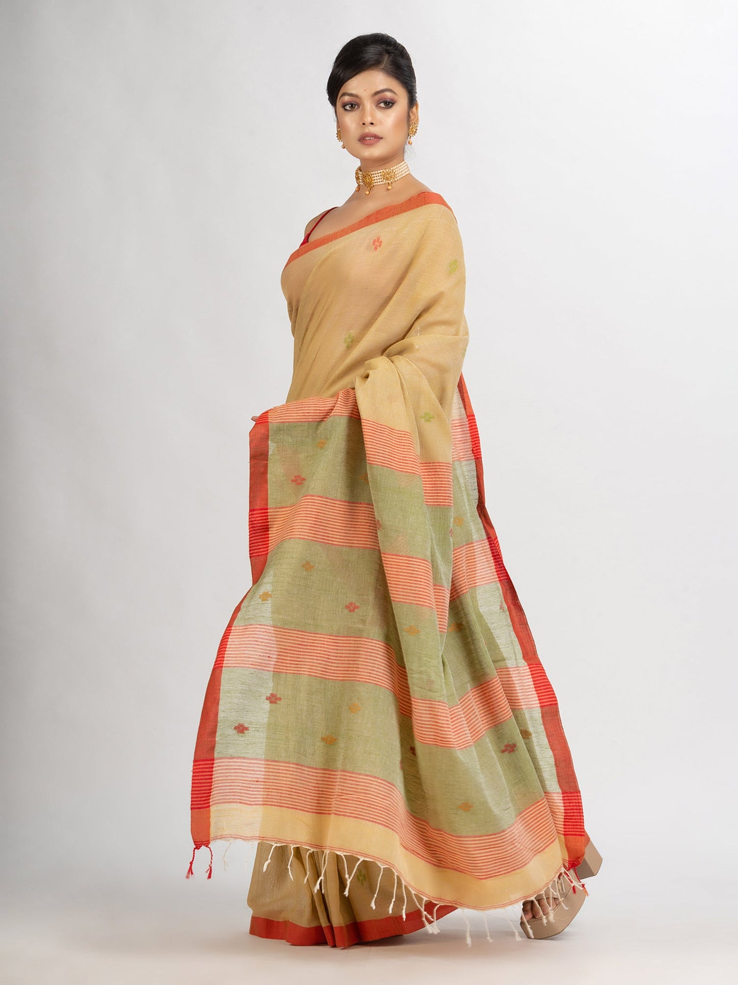 Women's Natural Tussar Colour Handwoven Cotton Jamdani handloom Saree