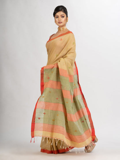 Women's Natural Tussar Colour Handwoven Cotton Jamdani handloom Saree