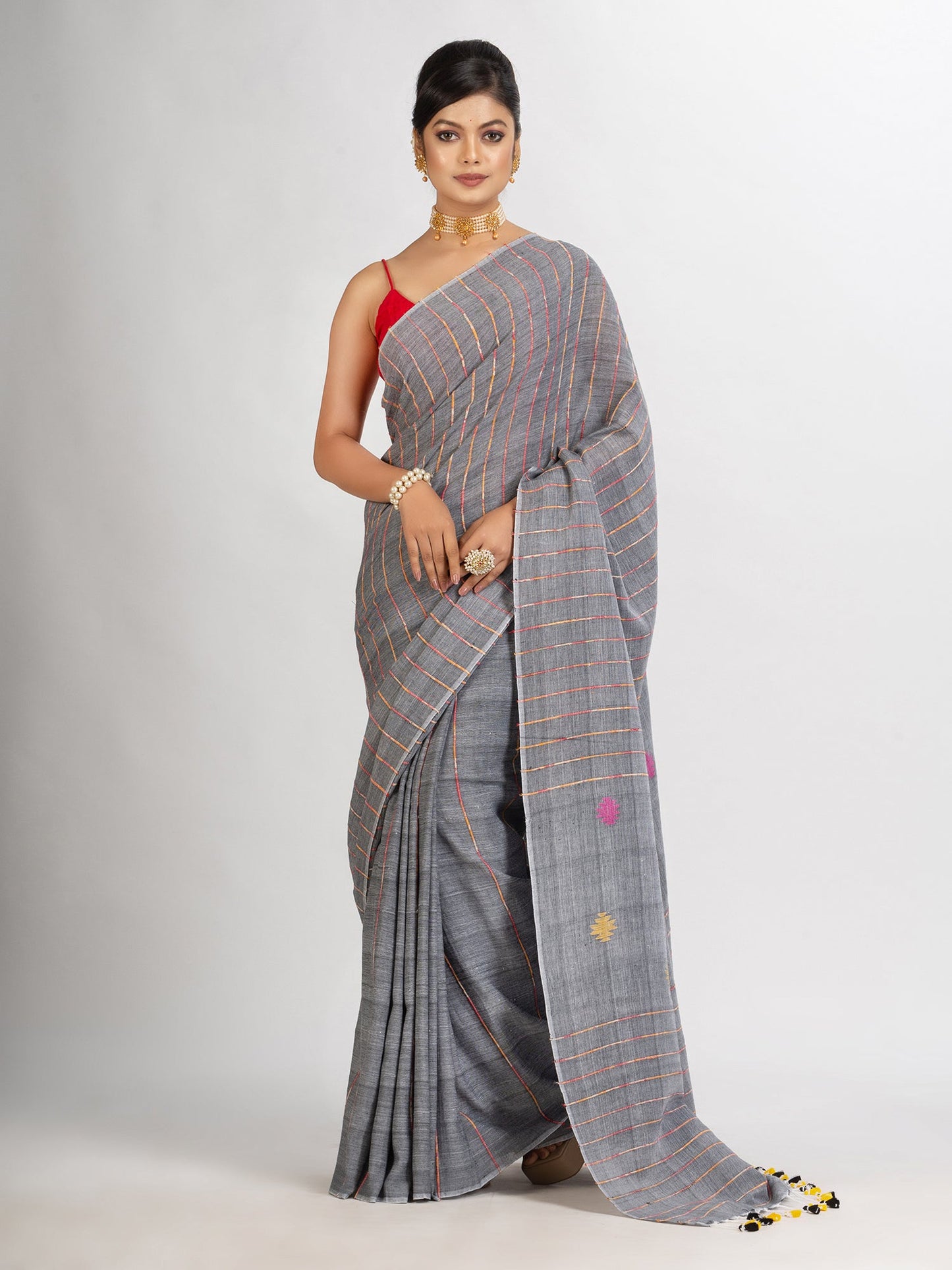 Women's Grey Handwoven Cotton Jamdani handloom Saree