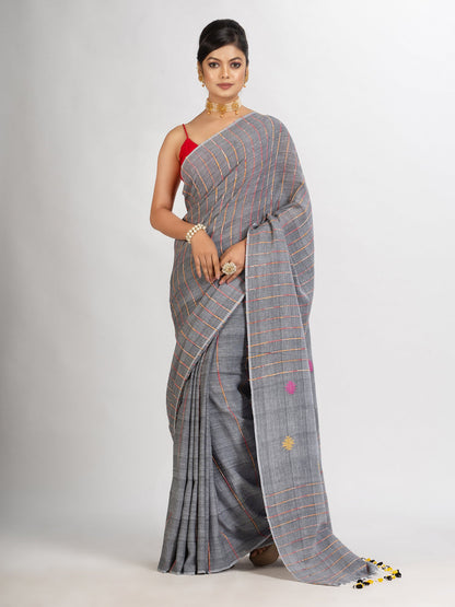 Women's Grey Handwoven Cotton Jamdani handloom Saree