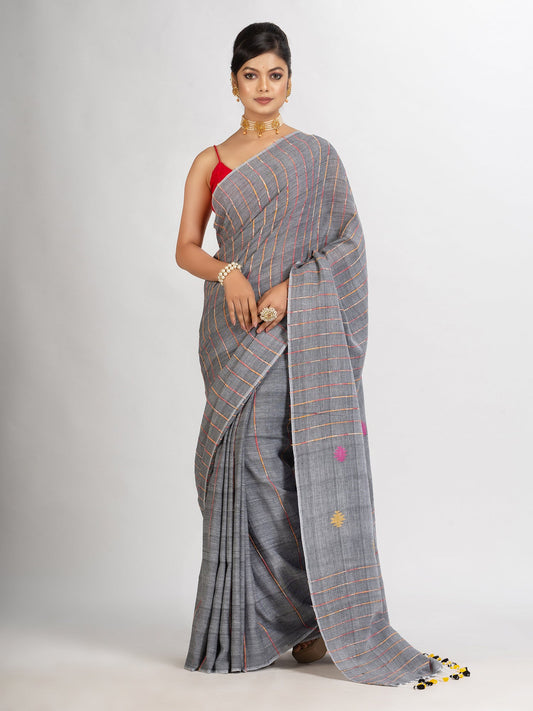 Women's Grey Handwoven Cotton Jamdani handloom Saree