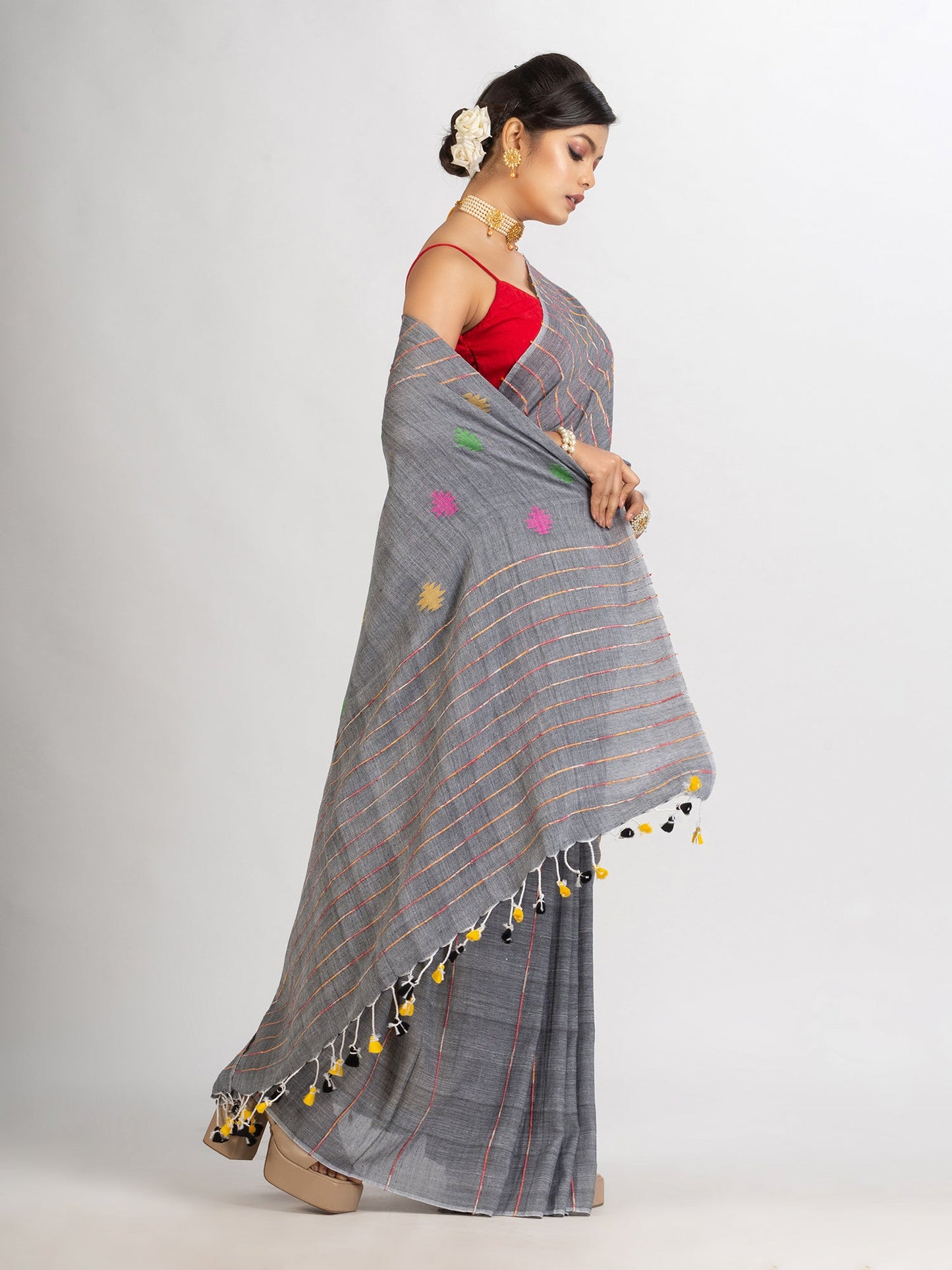 Women's Grey Handwoven Cotton Jamdani handloom Saree