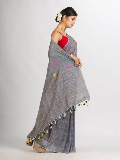 Women's Grey Handwoven Cotton Jamdani handloom Saree