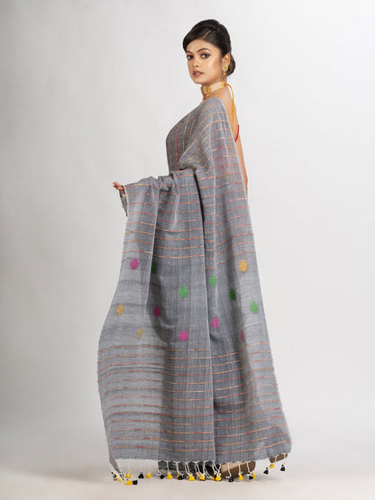 Women's Grey Handwoven Cotton Jamdani handloom Saree