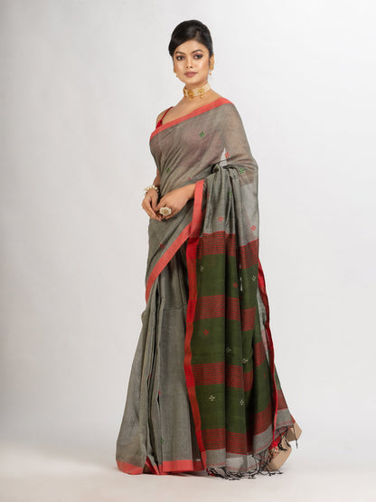 Women's Grey Handwoven Cotton Jamdani handloom Saree