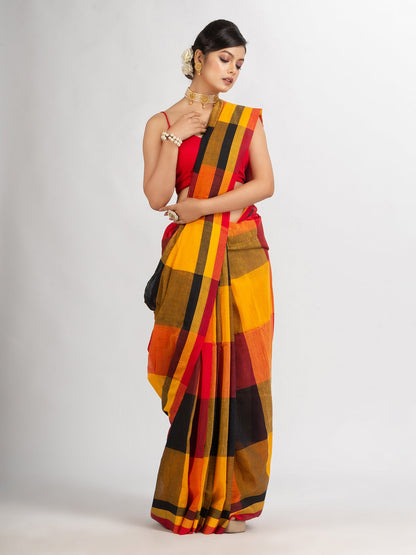 Women's Black Red And Yollow Multi Colour Check handloom Saree