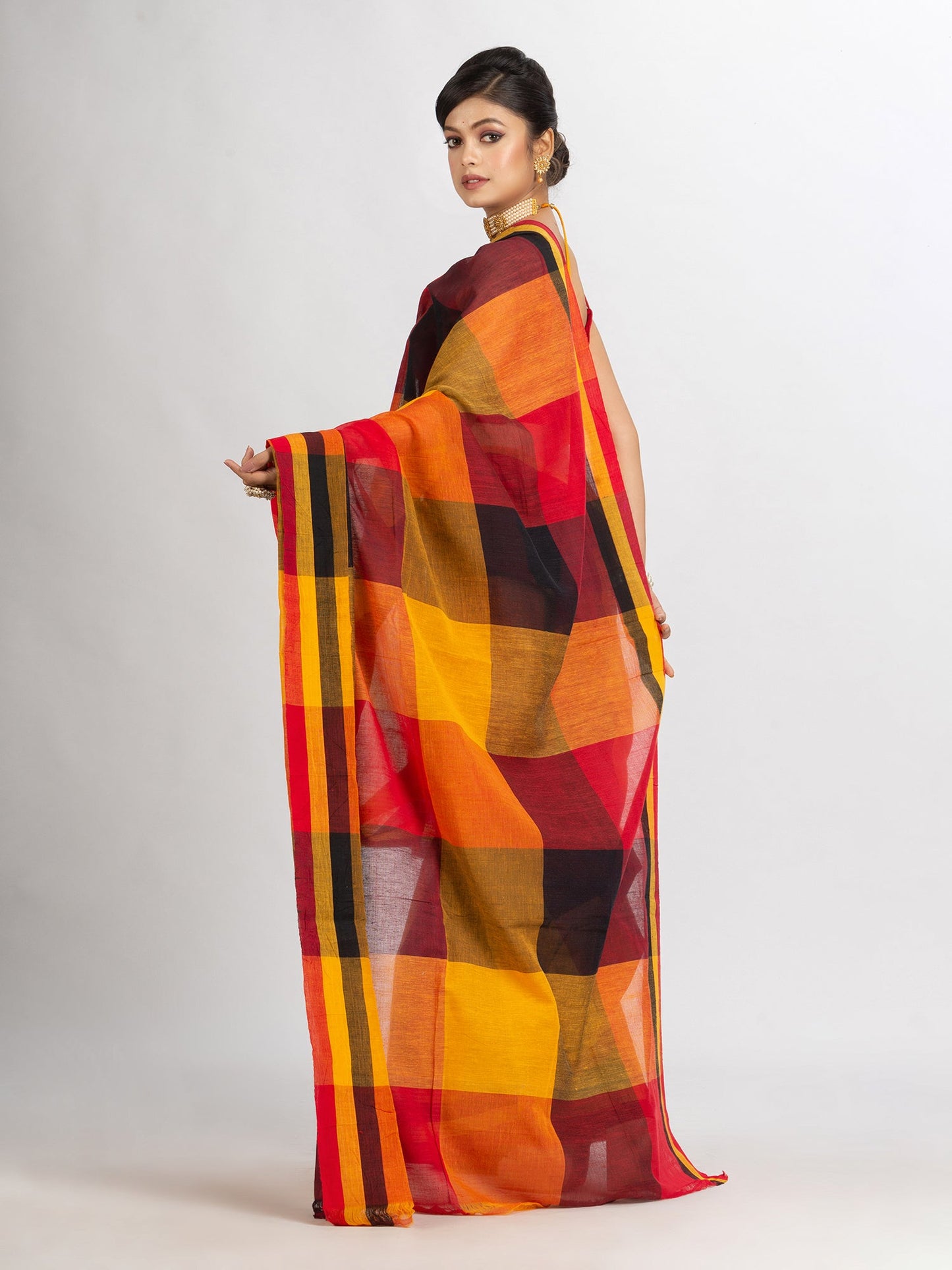 Women's Black Red And Yollow Multi Colour Check handloom Saree