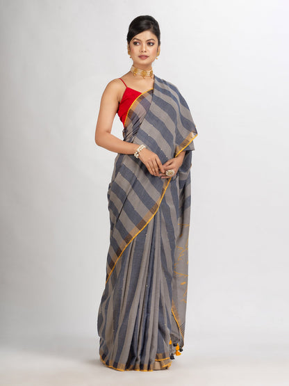 Women's Gray And Blue Stipe Handwoven Cotton Jamdani handloom Saree