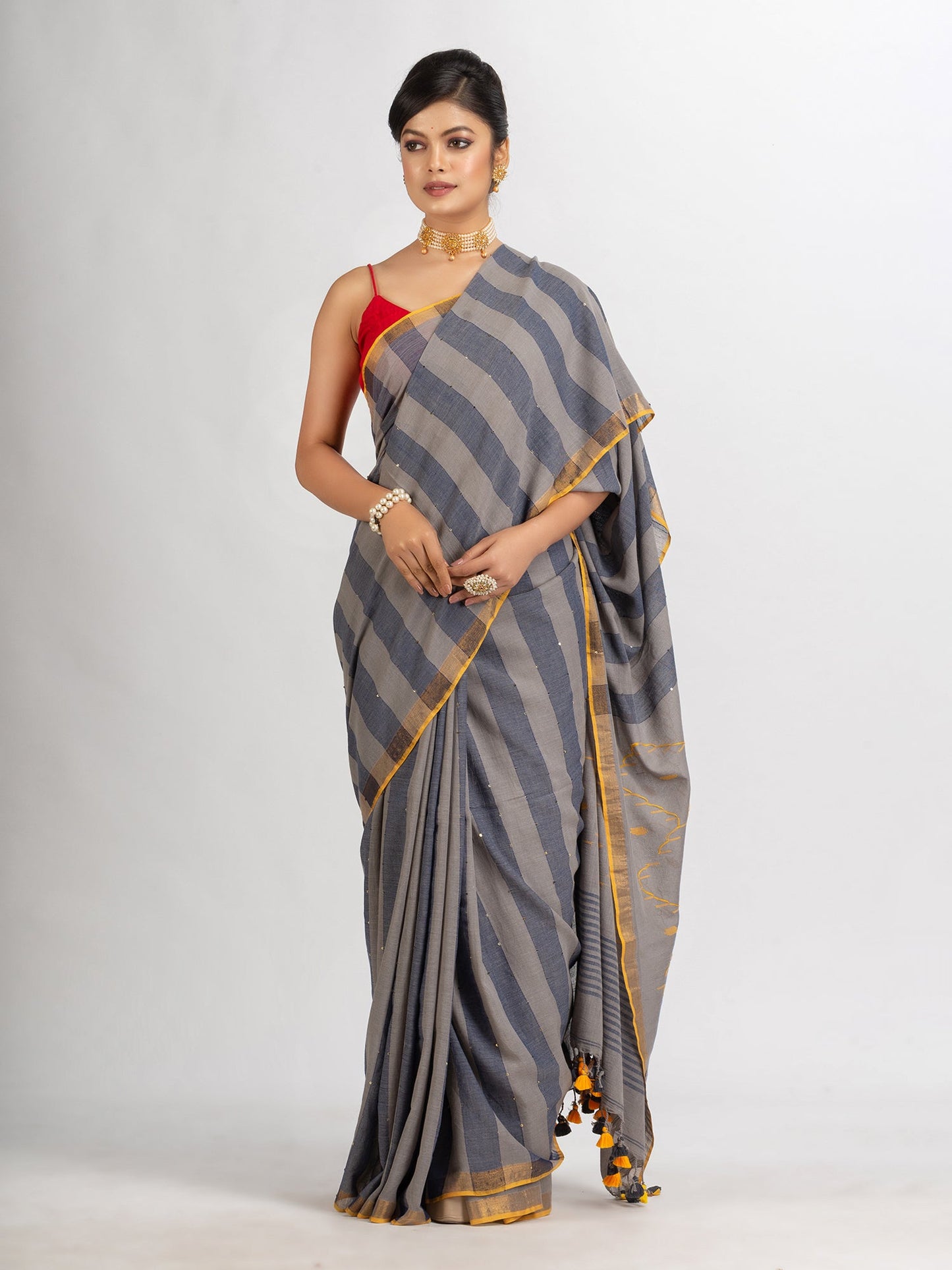 Women's Gray And Blue Stipe Handwoven Cotton Jamdani handloom Saree