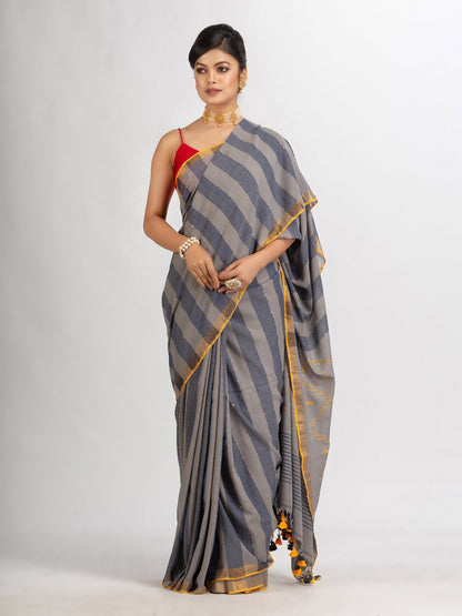 Women's Gray And Blue Stipe Handwoven Cotton Jamdani handloom Saree