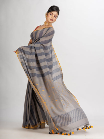 Women's Gray And Blue Stipe Handwoven Cotton Jamdani handloom Saree