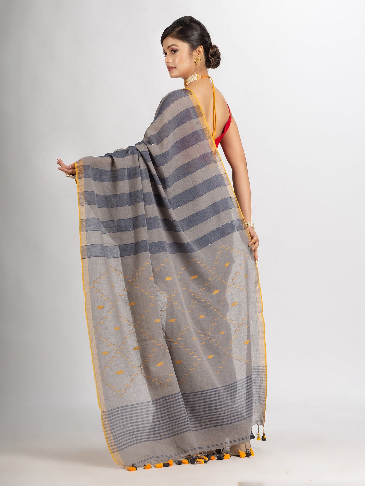 Women's Gray And Blue Stipe Handwoven Cotton Jamdani handloom Saree