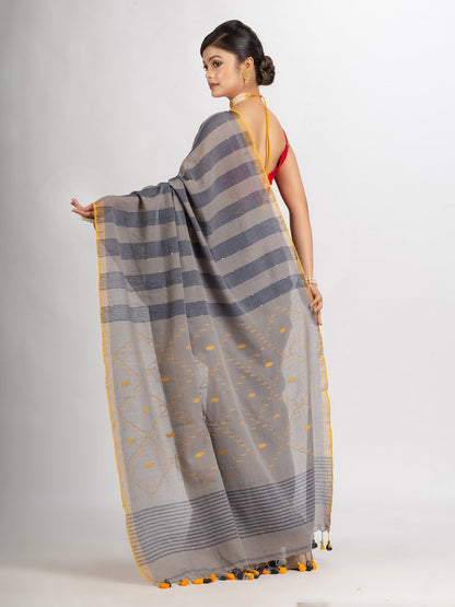 Women's Gray And Blue Stipe Handwoven Cotton Jamdani handloom Saree