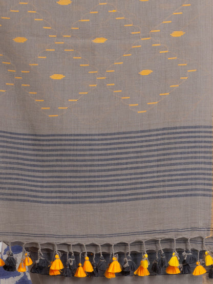 Women's Gray And Blue Stipe Handwoven Cotton Jamdani handloom Saree