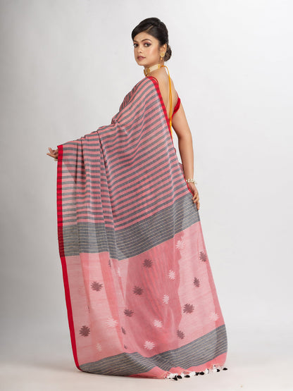Women's Red And Black Stipe Handwoven Cotton Jamdani handloom Saree