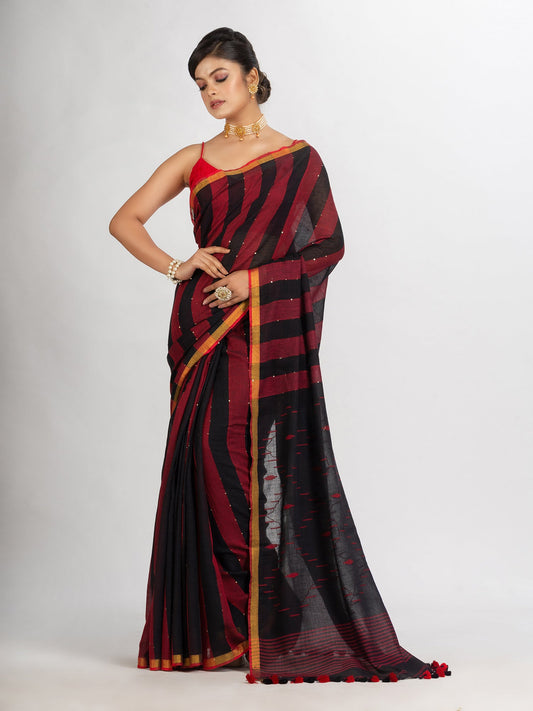 Women's Black And Red Stipe Handwoven Cotton Jamdani handloom Saree
