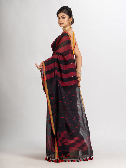 Women's Black And Red Stipe Handwoven Cotton Jamdani handloom Saree