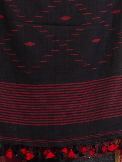 Women's Black And Red Stipe Handwoven Cotton Jamdani handloom Saree