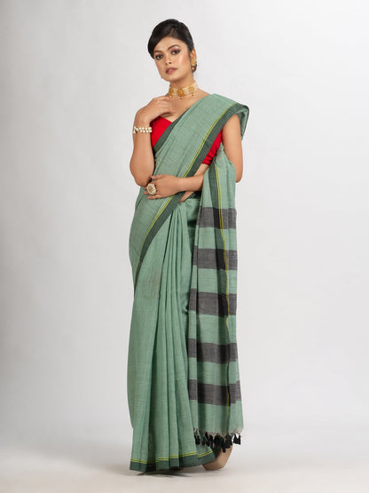 Women's Green And Black Cotton Check Handloom Saree