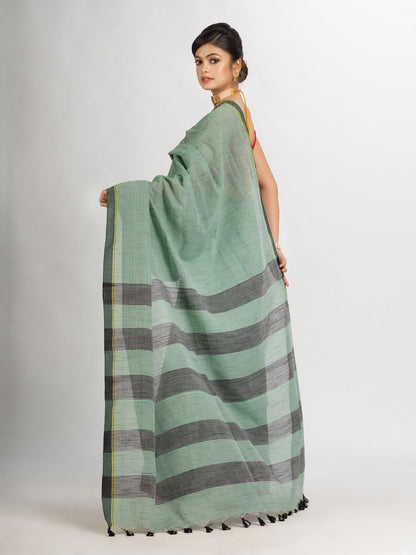 Women's Green And Black Cotton Check Handloom Saree