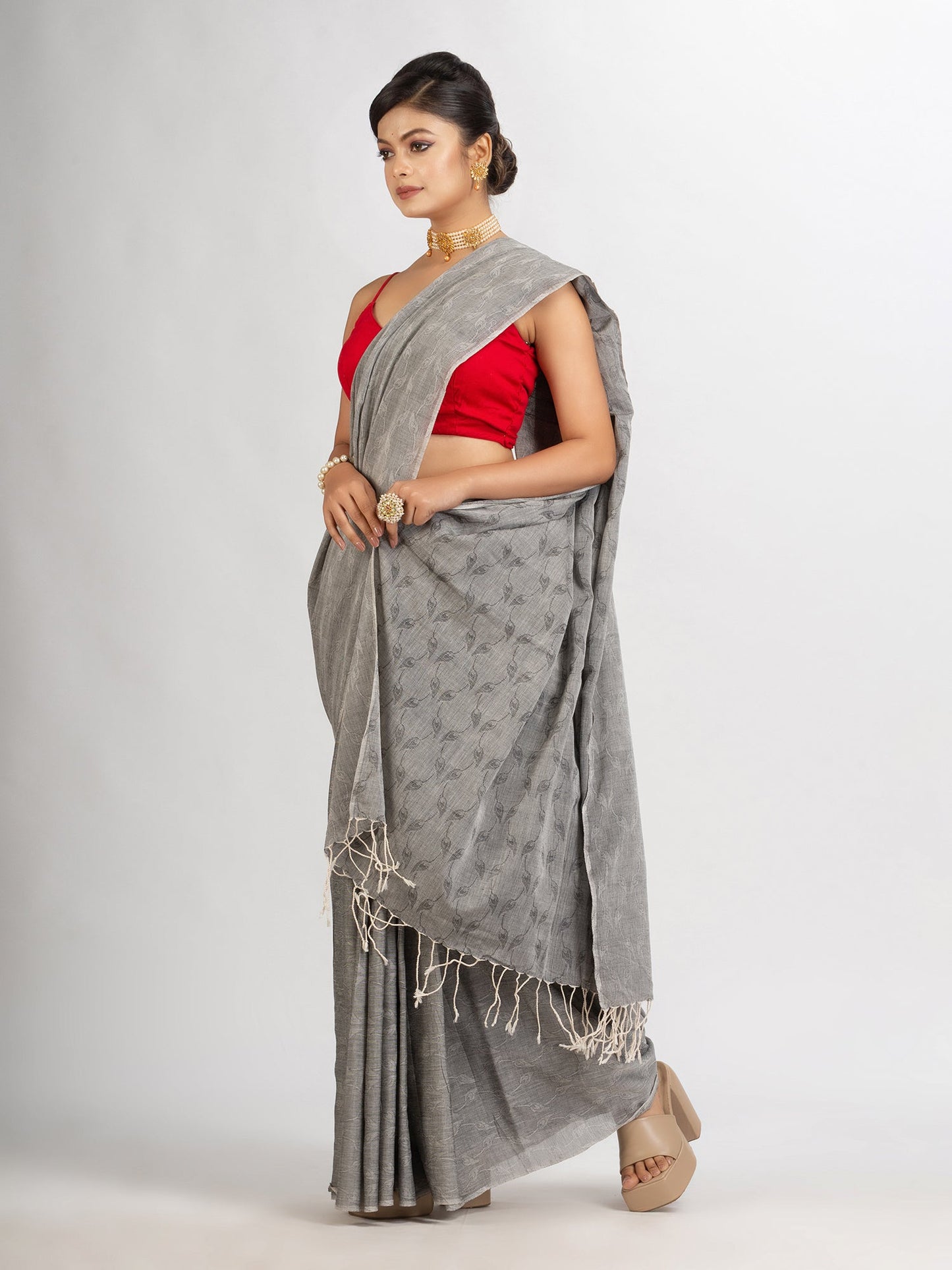 Women's Gray Cotton Jacquard handloom Saree