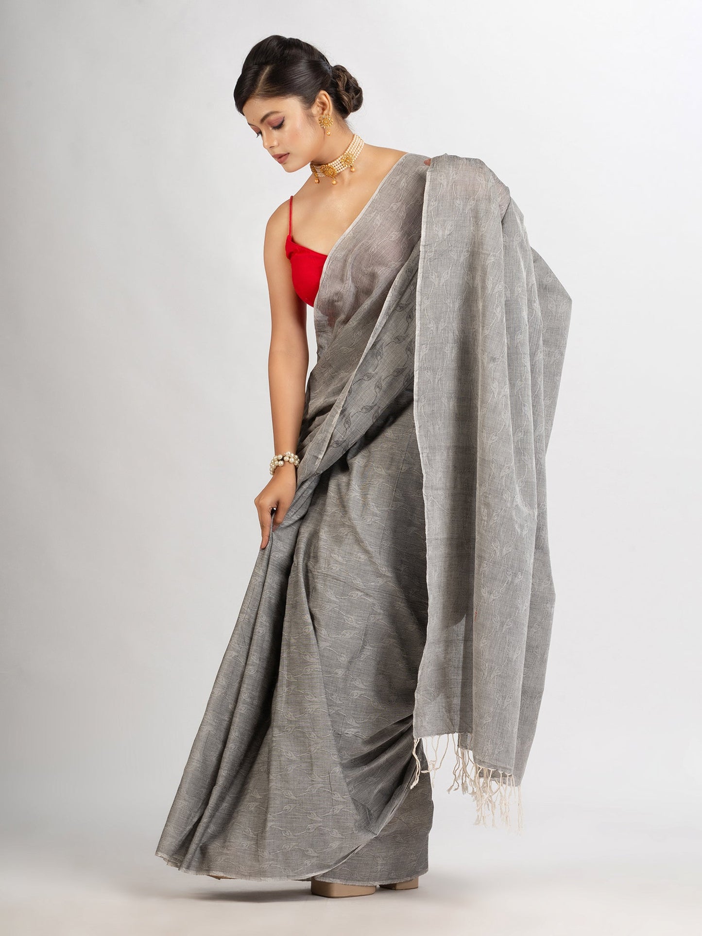 Women's Gray Cotton Jacquard handloom Saree