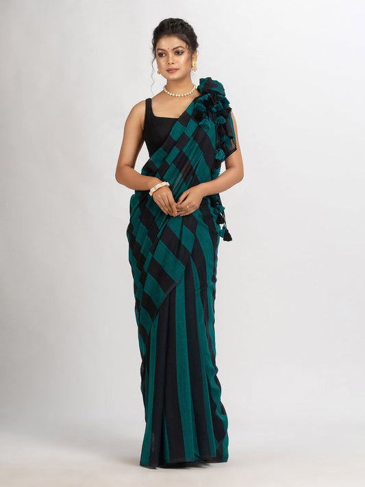 Women's Raja And Black Stipe Handwoven Cotton handloom Saree