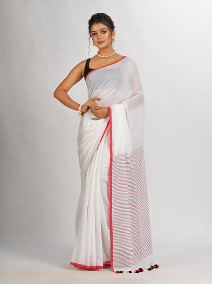 Women's White Handwoven Cotton Stipe handloom Saree