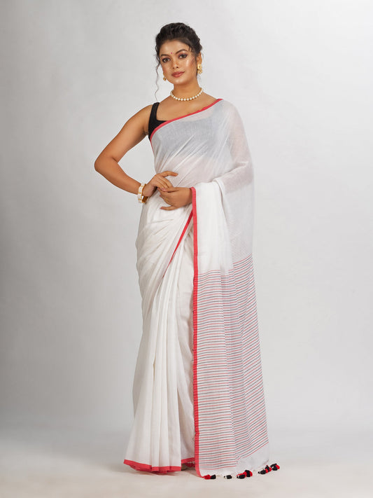 Women's White Handwoven Cotton Stipe handloom Saree