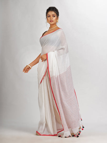 Women's White Handwoven Cotton Stipe handloom Saree