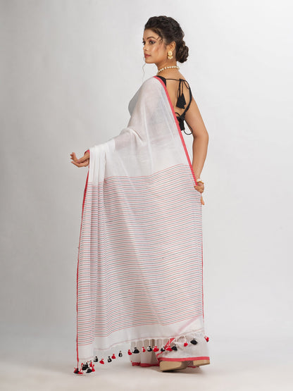 Women's White Handwoven Cotton Stipe handloom Saree