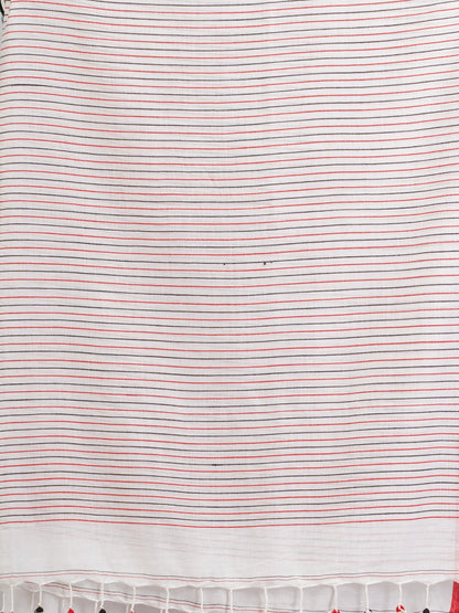 Women's White Handwoven Cotton Stipe handloom Saree
