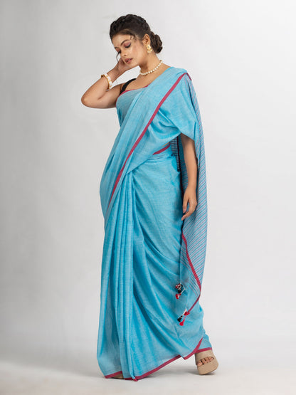 Women's Sky Blue Handwoven Cotton Stipe handloom Saree