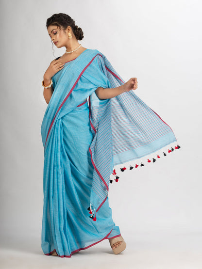 Women's Sky Blue Handwoven Cotton Stipe handloom Saree