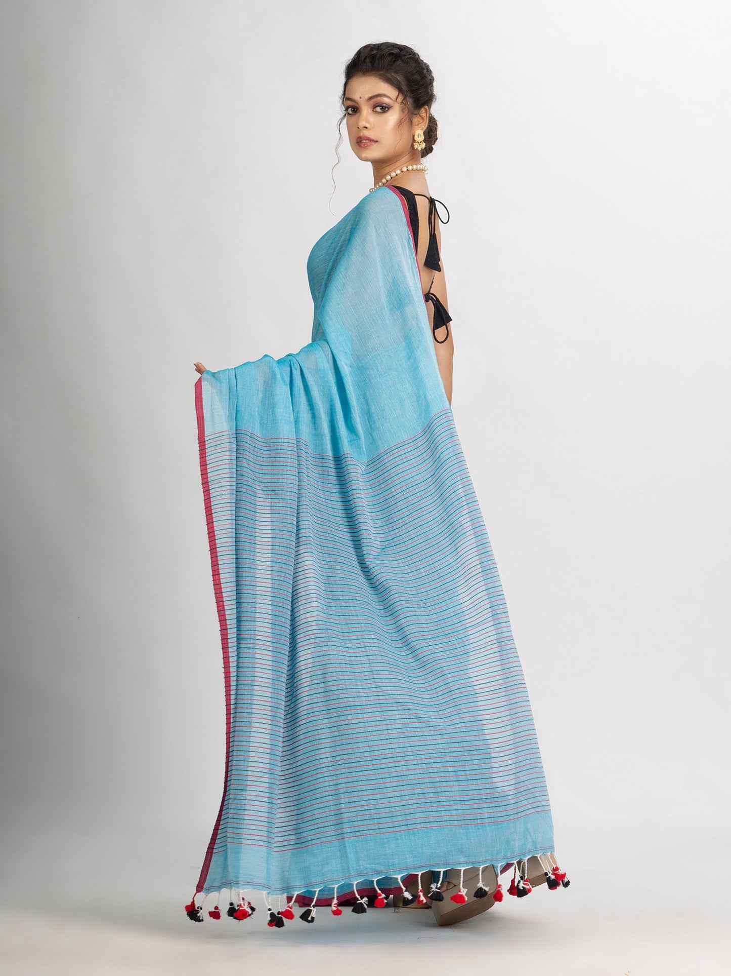 Women's Sky Blue Handwoven Cotton Stipe handloom Saree