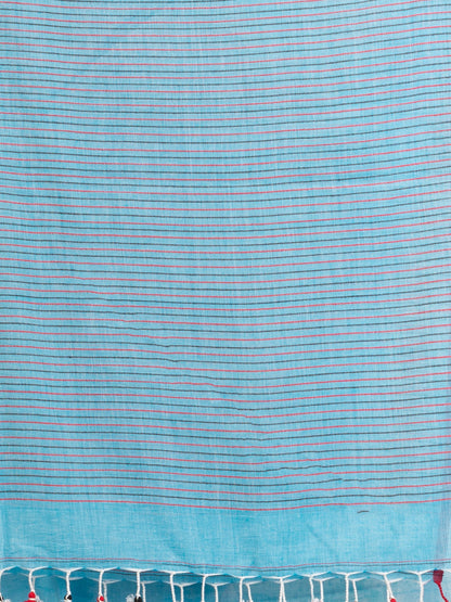 Women's Sky Blue Handwoven Cotton Stipe handloom Saree