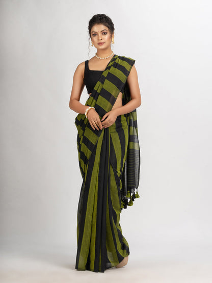 Women's Lemon And Black Stipe Handwoven Cotton handloom Saree