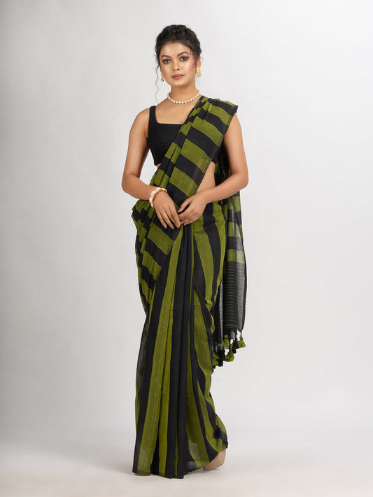 Women's Lemon And Black Stipe Handwoven Cotton handloom Saree